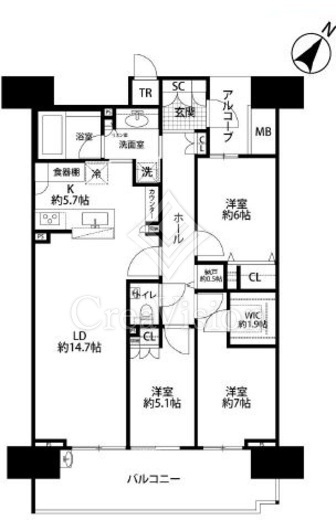 HARUMI FLAG SEA VILLAGE (晴海フラッグ シーヴィレッジ)　12F2号室　間取り