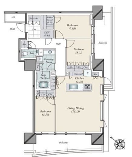 HARUMI FLAG SUN VILLAGE (晴海フラッグ サンヴィレッジ)　F1603号室　間取り