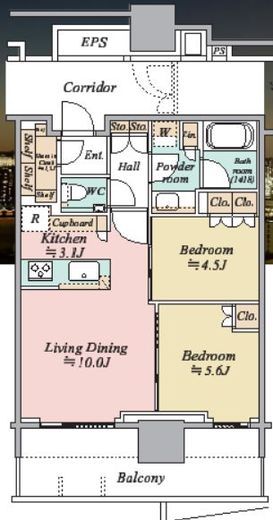 HARUMI FLAG SUN VILLAGE T棟 (晴海フラッグ サンヴィレッジ T棟)　18F1号室　間取り