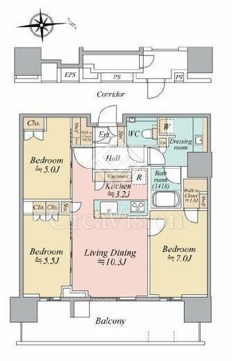 HARUMI FLAG SUN VILLAGE T棟 (晴海フラッグ サンヴィレッジ T棟)　29F2号室　間取り