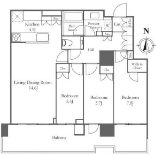 HARUMI FLAG PARK VILLAGE T棟 (晴海フラッグ パークヴィレッジ T棟)　13F1号室　間取り