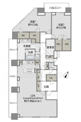 二子玉川ライズタワー　E42F2号室　間取り