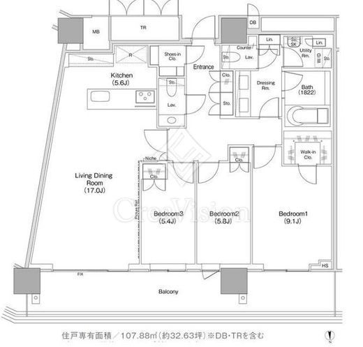 ＪＩＹＵＧＡＯＫＡ　ＭＵＳＥ　ＳＱＵＡＲＥ　ＴＨＥ　ＲＥＳＩＤＥＮＣＥ　1508号室　間取り