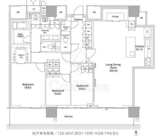 ＪＩＹＵＧＡＯＫＡ　ＭＵＳＥ　ＳＱＵＡＲＥ　ＴＨＥ　ＲＥＳＩＤＥＮＣＥ　1509号室　間取り