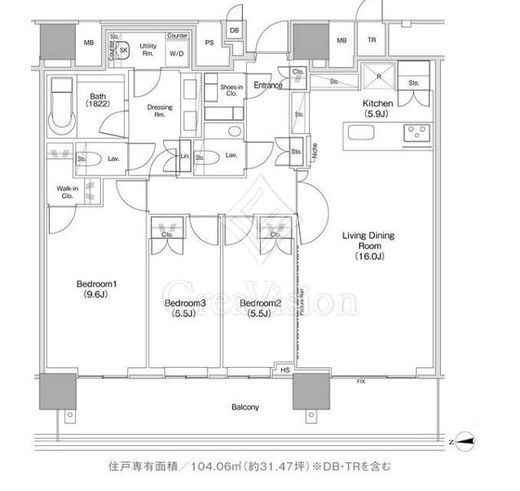 ＪＩＹＵＧＡＯＫＡ　ＭＵＳＥ　ＳＱＵＡＲＥ　ＴＨＥ　ＲＥＳＩＤＥＮＣＥ　1511号室　間取り