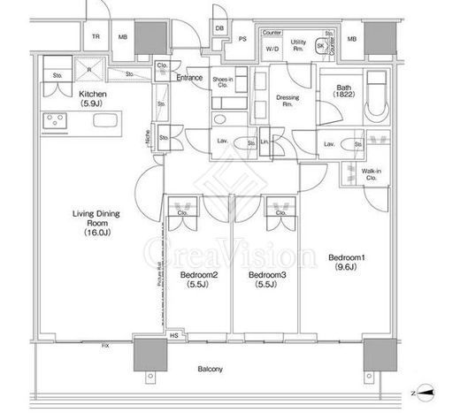 ＪＩＹＵＧＡＯＫＡ　ＭＵＳＥ　ＳＱＵＡＲＥ　ＴＨＥ　ＲＥＳＩＤＥＮＣＥ　1512号室　間取り