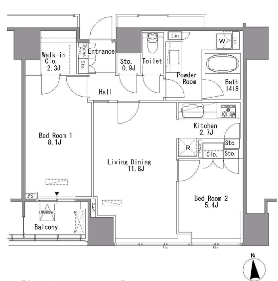 ホワイトタワー浜松町（Ｗｈｉｔｅ　Ｔｏｗｅｒ　Ｈａｍａｍａｔｓｕｃｈｏ）　2305号室　間取り